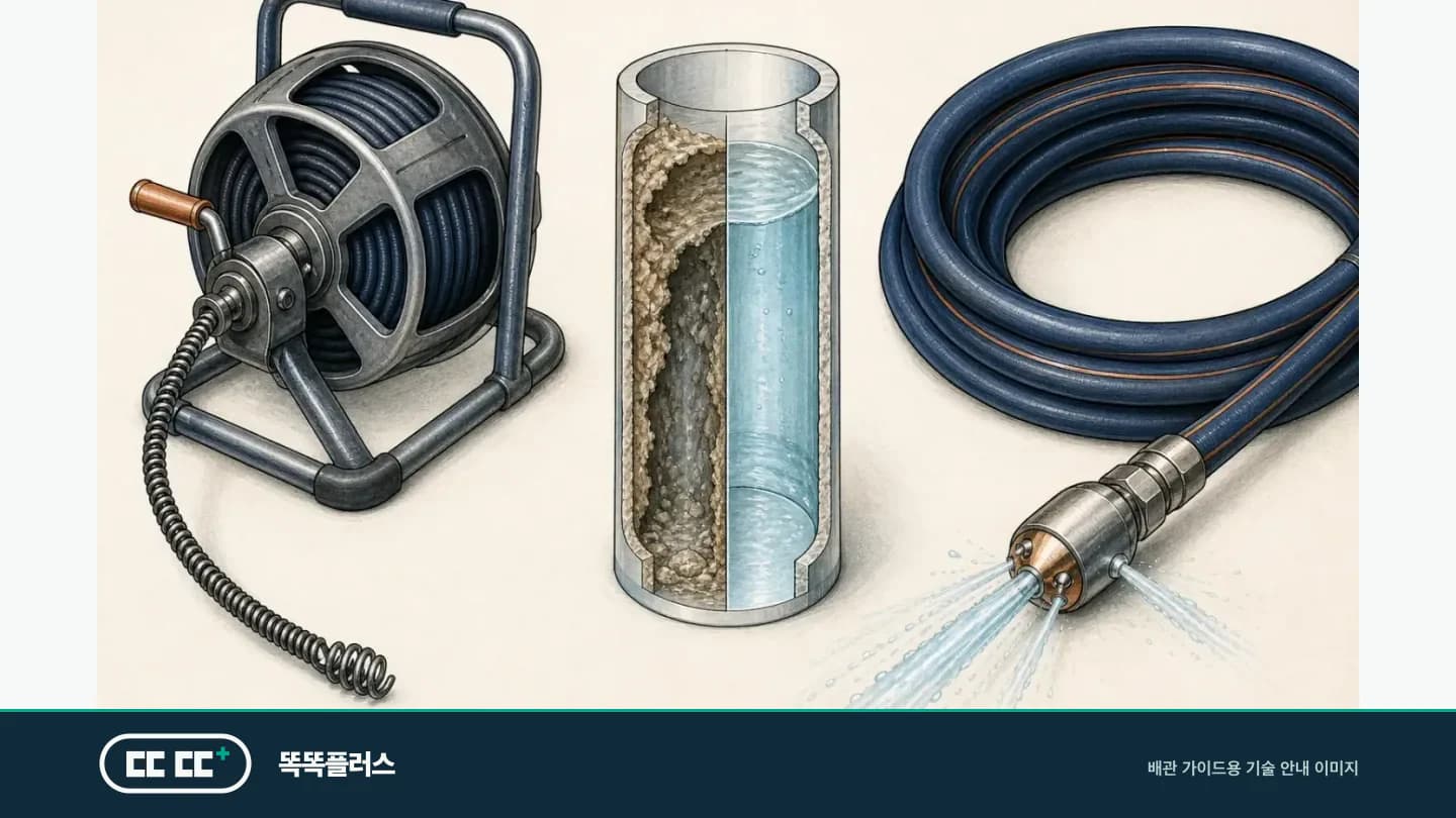 배관 스프링과 고압세척 호스, 관벽 퇴적물 단면을 나란히 비교한 안내도