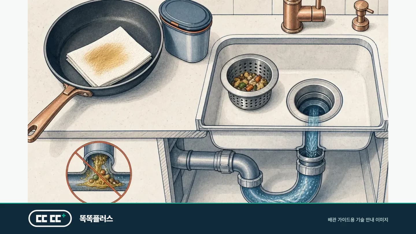 프라이팬 기름을 닦아 버리고 싱크대 거름망을 비우는 배관 막힘 예방 안내도