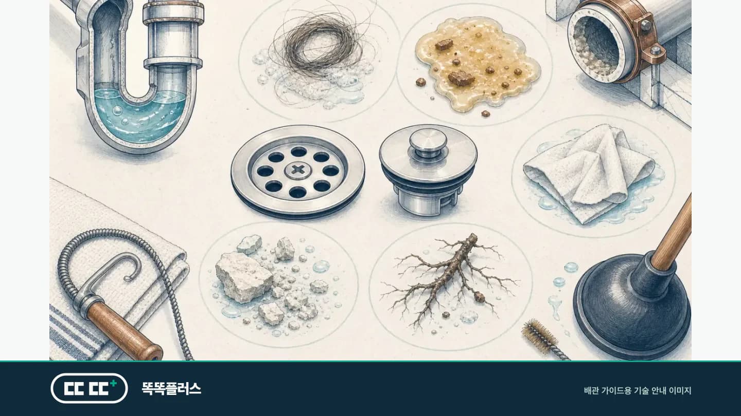 머리카락과 비누 찌꺼기, 주방 기름, 물티슈, 배관 스케일과 뿌리 등 막힘 원인을 구분한 안내도