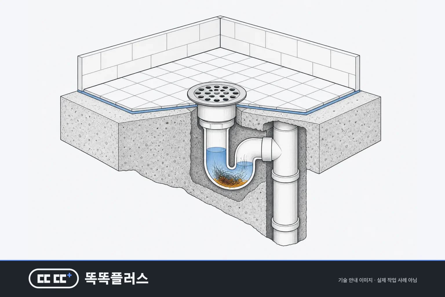 욕실 바닥 배수구의 트랩과 수직 배관 연결 위치를 단면으로 보여 주는 안내도