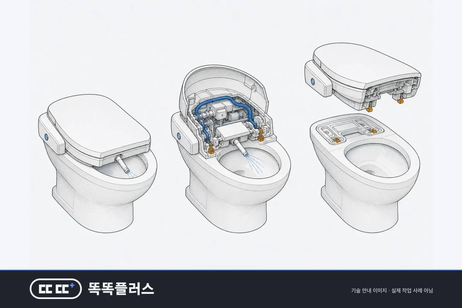 비데를 외관·노즐 세척, 본체 분해 세척, 양변기에서 분리한 뒤 맞닿는 면까지 세척하는 세 단계로 나누어 각 범위를 보여 주는 안내도