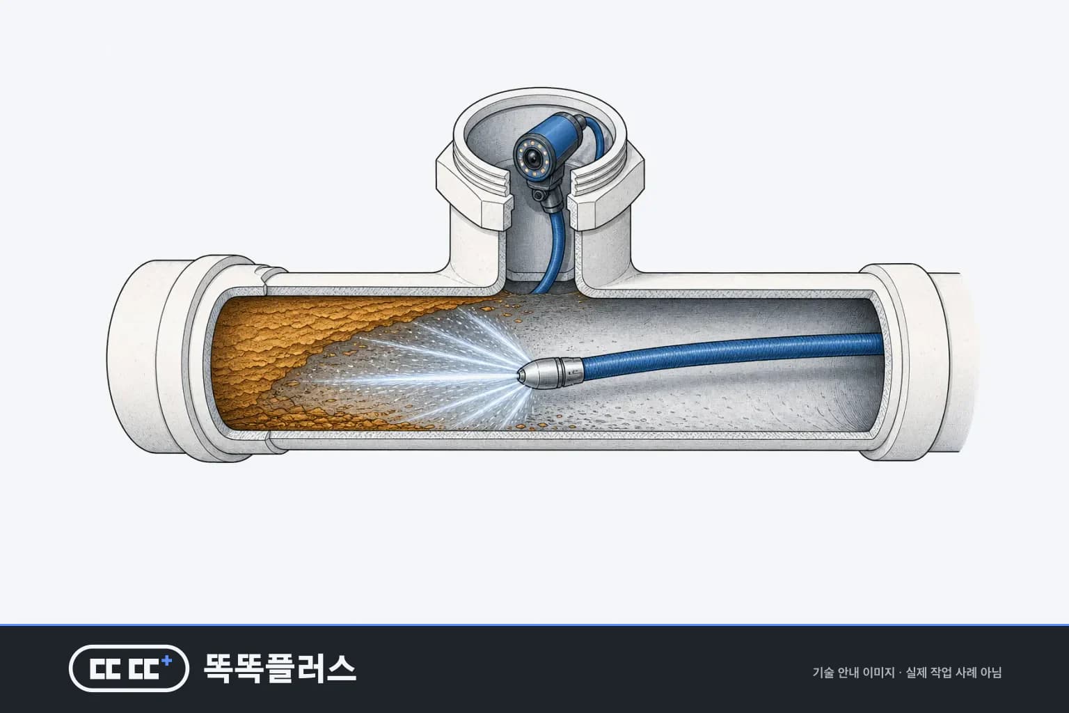배관 청소구에 고압세척 호스를 넣고 관벽 퇴적물을 씻는 과정을 보여 주는 안내도