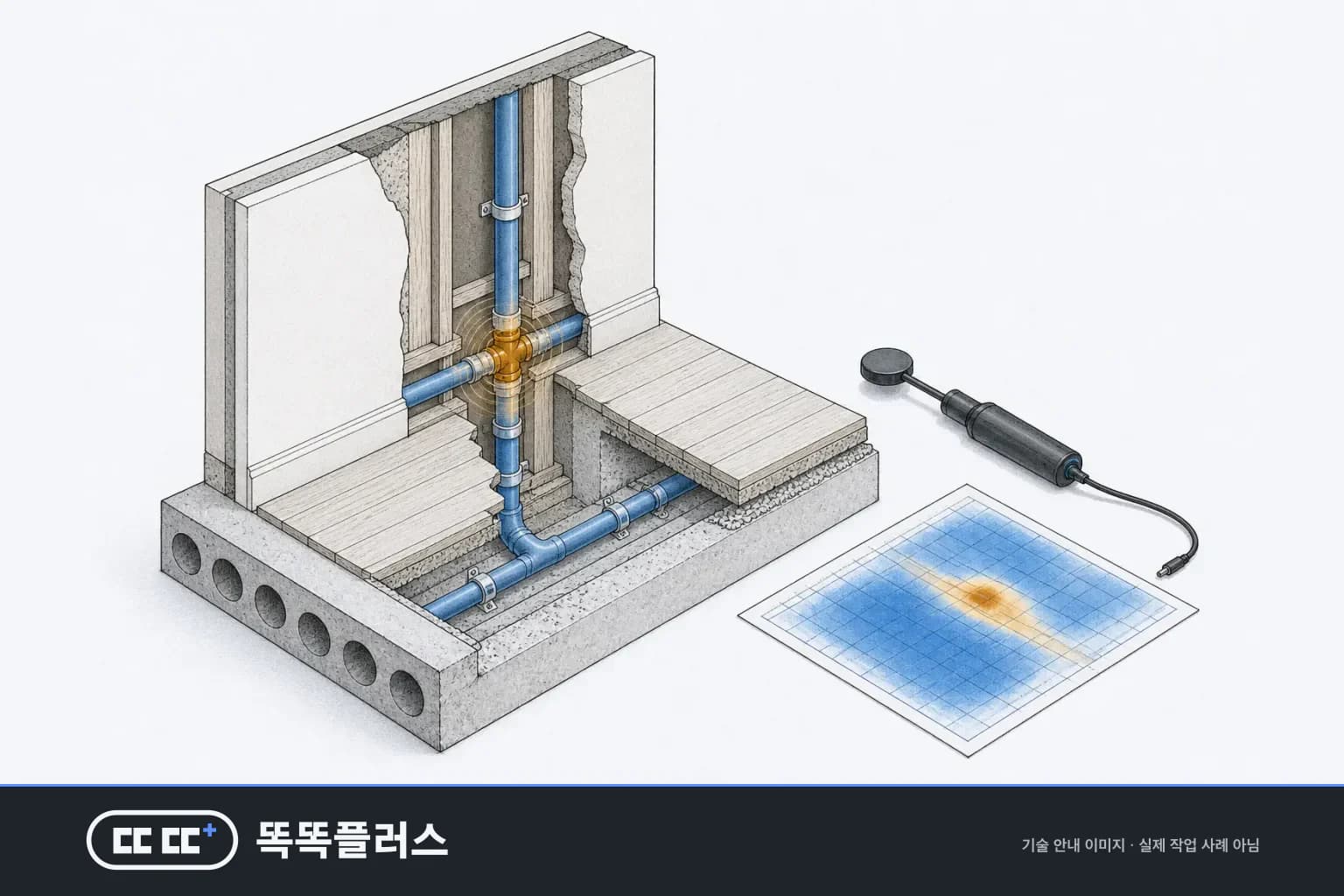 벽체와 바닥 슬래브 안의 급수관 이음부에서 새는 지점을 청음 장비와 열화상 화면으로 좁혀 가는 과정을 단면으로 보여 주는 안내도