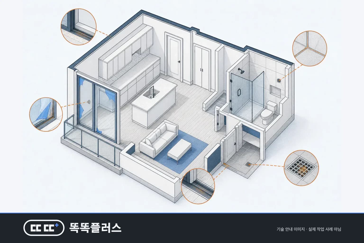 시공 직후 실내에서 분진과 잔재가 남는 문틀 레일·창유리 보호필름·타일 줄눈 지점을 보여 주는 안내도
