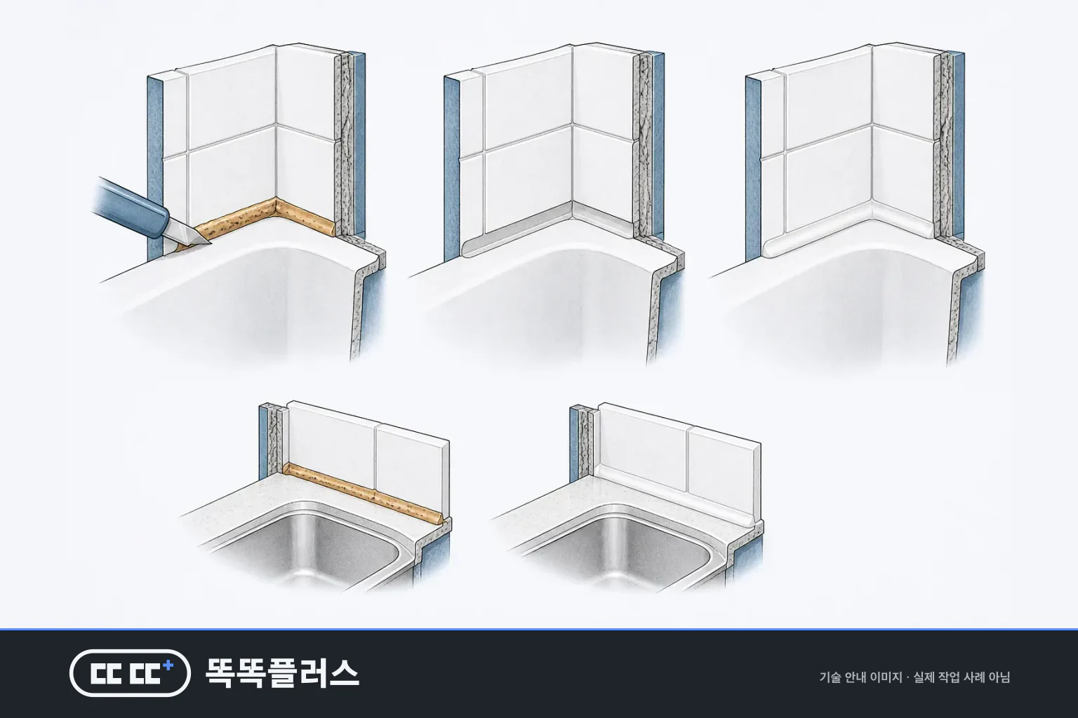 욕조 테두리와 싱크대 뒷면 이음매에서 낡은 실리콘을 걷어내고 바탕면을 말린 뒤 새 실리콘을 채우는 순서를 단면으로 보여 주는 안내도