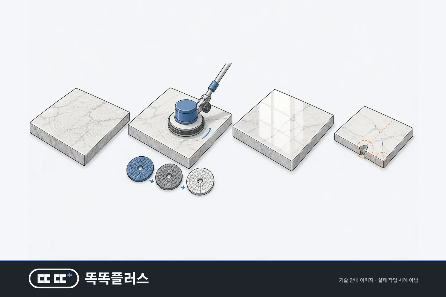 대리석 바닥의 같은 자리를 세 번 나란히 두고 잔흠집이 남은 표면, 연마 패드가 지나가며 굵은 것부터 고운 것까지 연마 디스크가 놓인 단계, 고르게 광택이 오른 표면으로 이어 보여 주고, 깊은 파임과 크랙은 연마로 돌아오지 않는 부분으로 끝에 따로 표시한 안내도