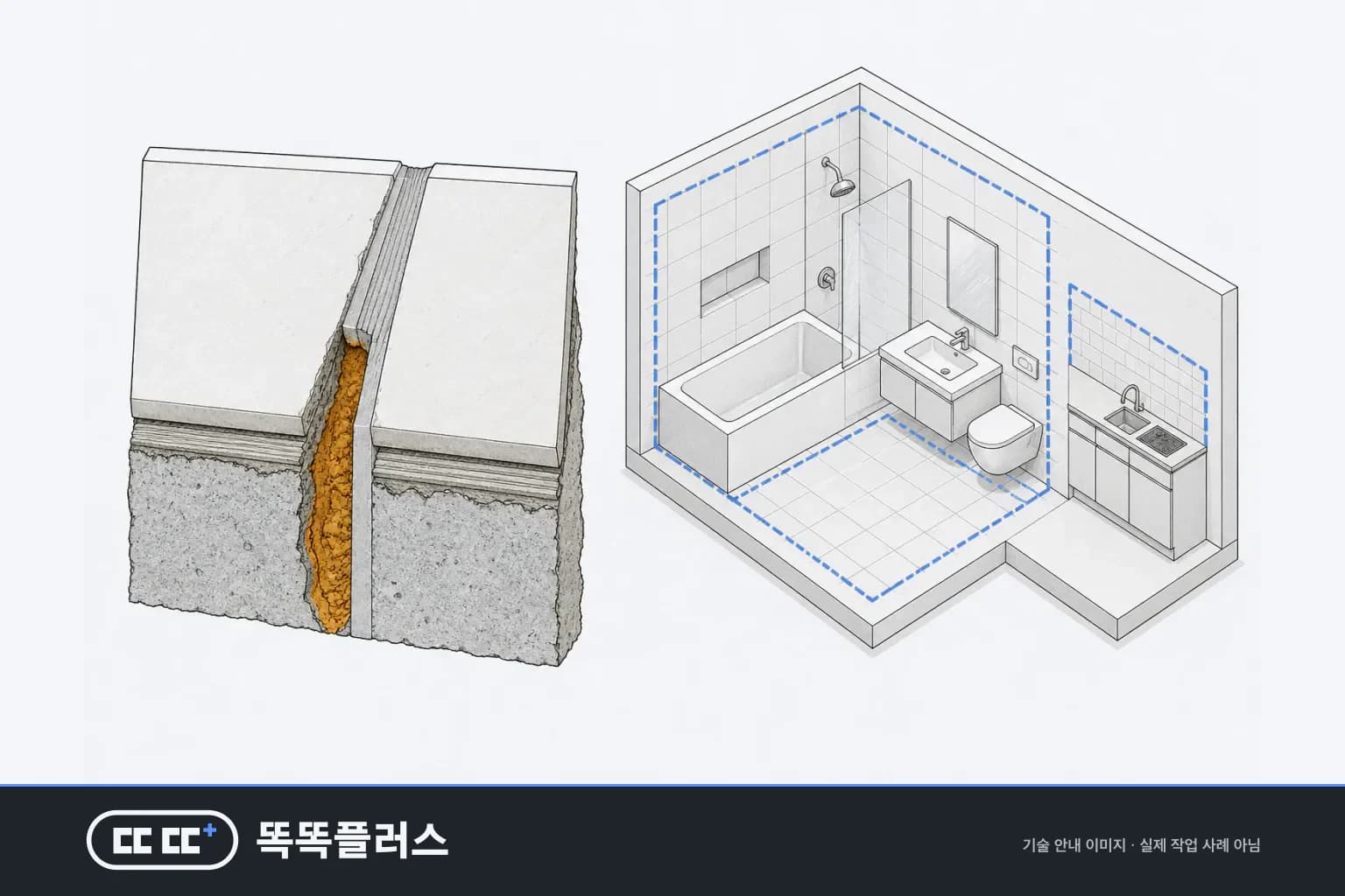 욕실 타일 단면에서 부스러진 시멘트 줄눈을 걷어낸 자리에 새 줄눈재를 채우는 과정과 욕실 바닥·벽면·주방 벽면 같은 시공 개소를 함께 보여 주는 안내도