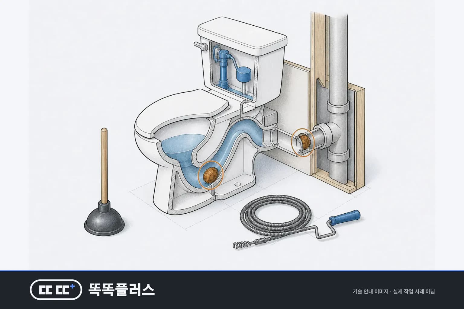 변기 트랩과 배수관 막힘 위치, 플런저와 스프링 작업 선택지를 함께 보여 주는 안내도